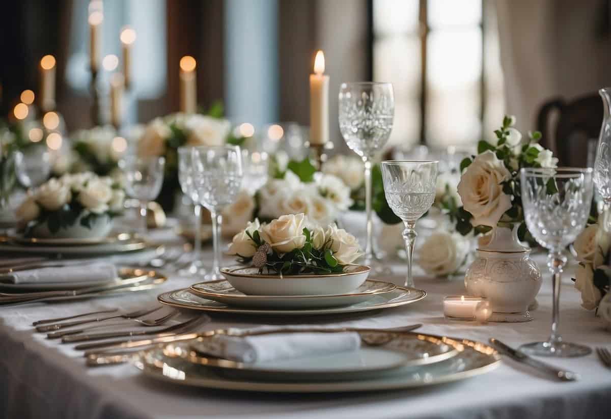 The table is adorned with elegant wedding plate settings, featuring delicate china, sparkling glassware, and intricate silverware