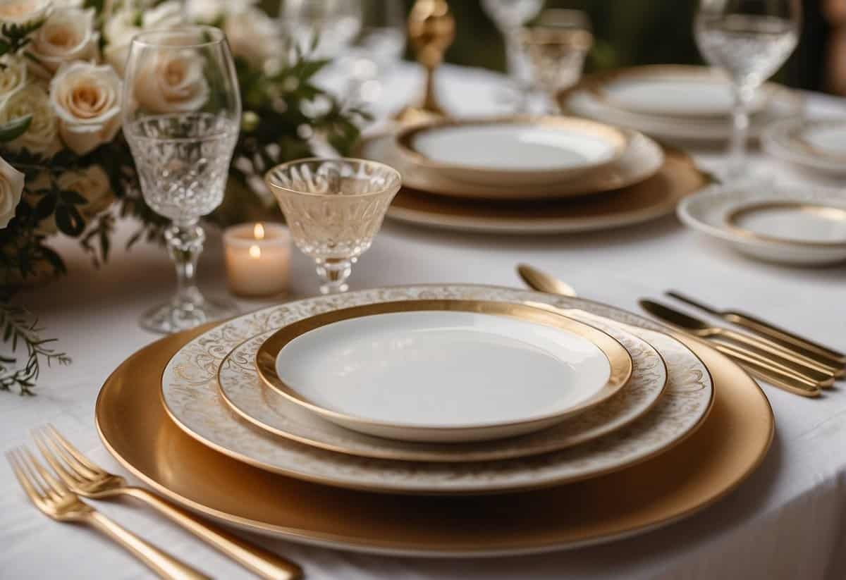 A table set with elegant wedding plates, adorned with delicate floral patterns and gold accents, creating a romantic and sophisticated aesthetic
