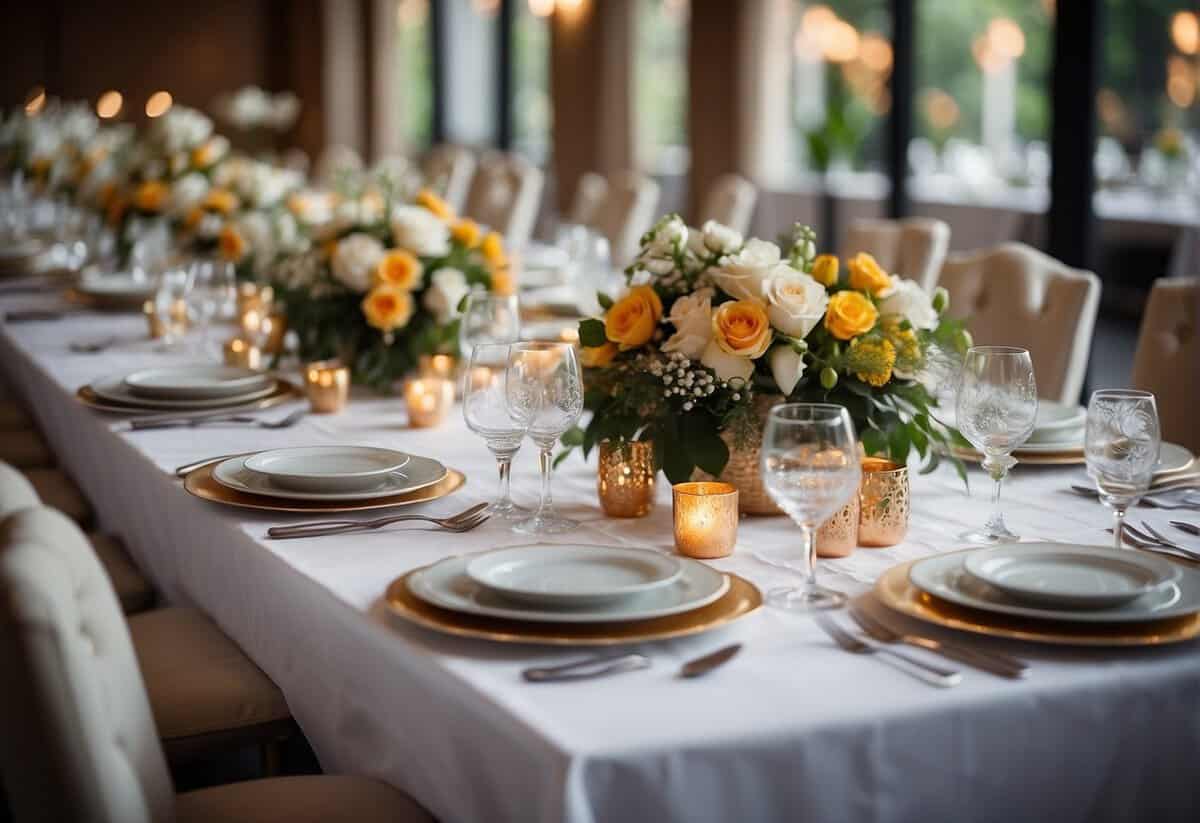 A table set with elegant wedding plates, adorned with floral centerpieces and coordinated with matching napkins and cutlery