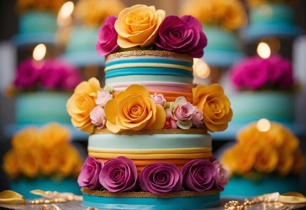 A multi-tiered wedding cake with vibrant rainbow layers, adorned with colorful fondant flowers and edible gold accents