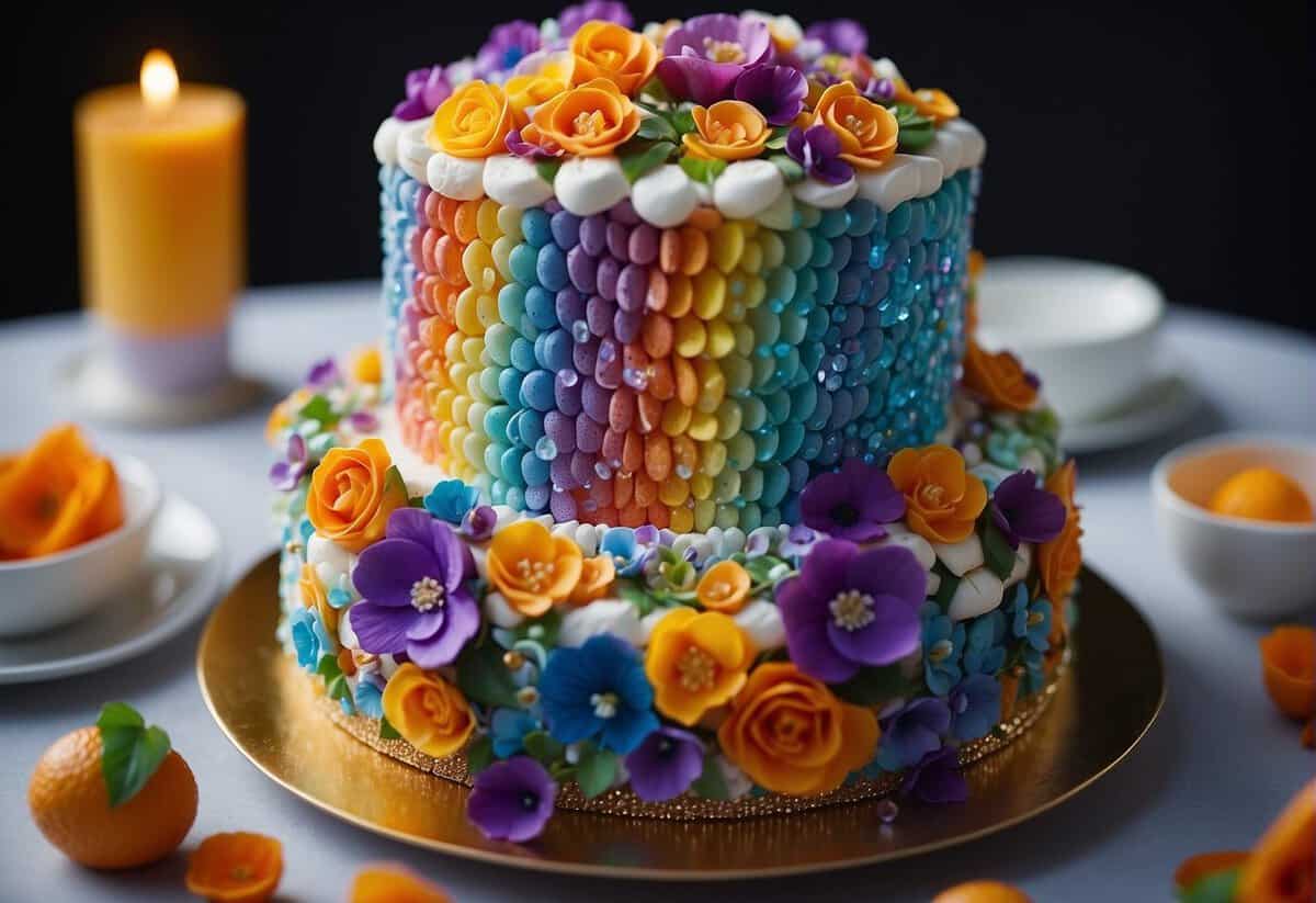 A multi-tiered wedding cake with vibrant rainbow colors and intricate designs, adorned with edible flowers and sparkling sugar crystals