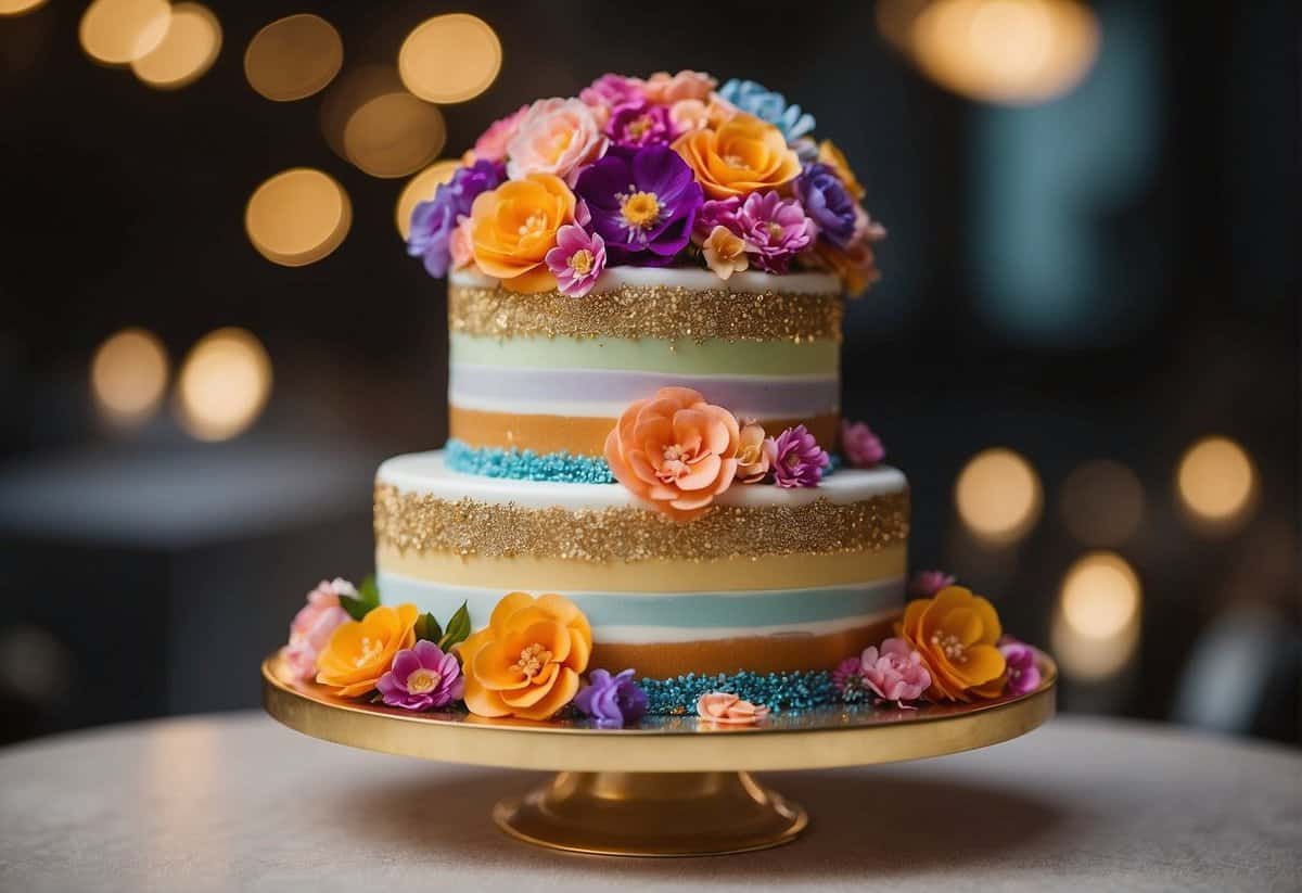 A tiered rainbow wedding cake with various flavors and frostings, adorned with colorful edible flowers and topped with a sparkling gold cake topper