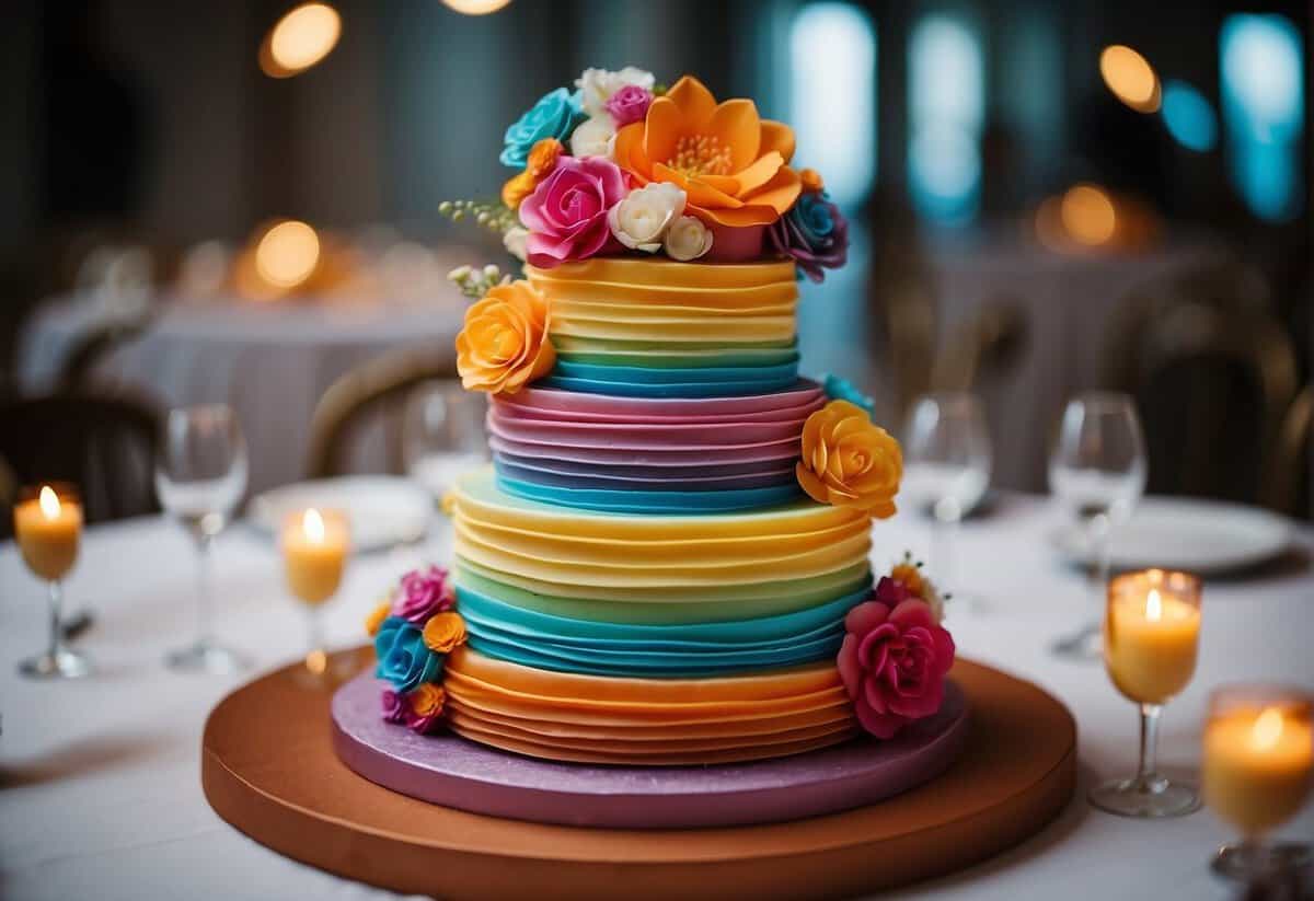 A multi-tiered wedding cake with vibrant rainbow layers and colorful fondant decorations. Bright, cheerful flowers and ribbons adorn the cake, creating a festive and joyful atmosphere