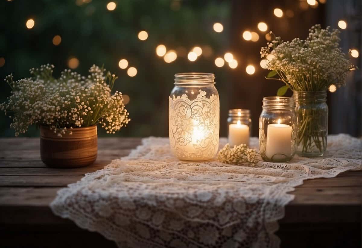 A vintage lace tablecloth drapes over a weathered wooden table, adorned with mason jar centerpieces filled with wildflowers and tea lights. Twinkling fairy lights hang overhead, casting a warm and romantic glow