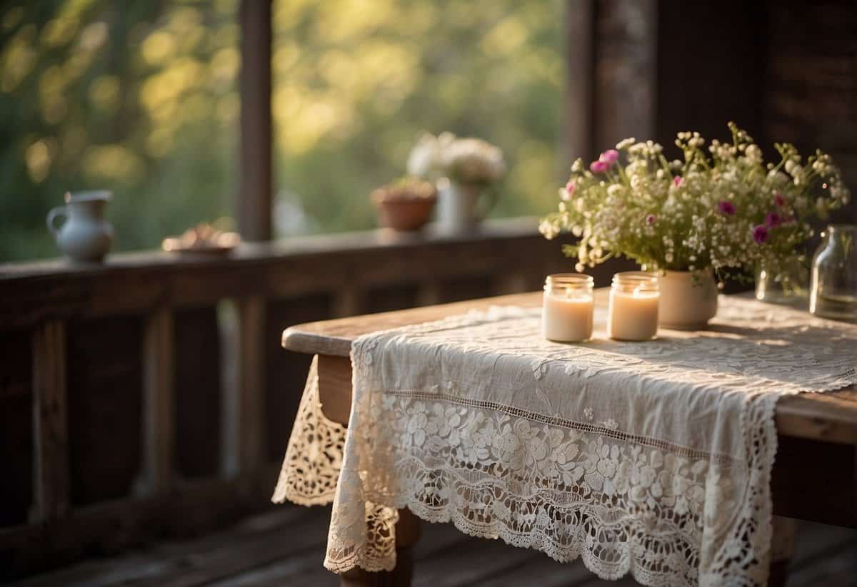 A vintage lace tablecloth drapes over a weathered wooden table, adorned with mismatched vintage china, wildflowers in mason jars, and flickering tea lights