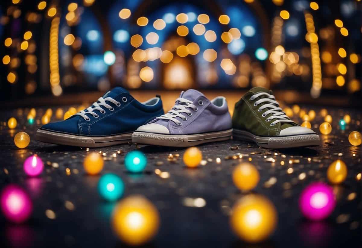 Colorful sneakers arranged in a circular pattern, surrounded by elegant decorations and twinkling lights, creating a whimsical and modern wedding ambiance