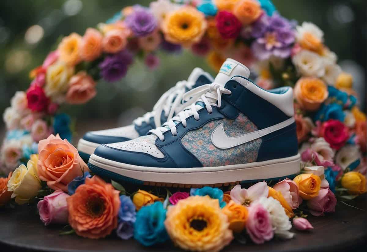A pile of colorful sneakers arranged in a circle, adorned with flowers and ribbons. A wedding veil hangs over the center, creating a whimsical and unique display