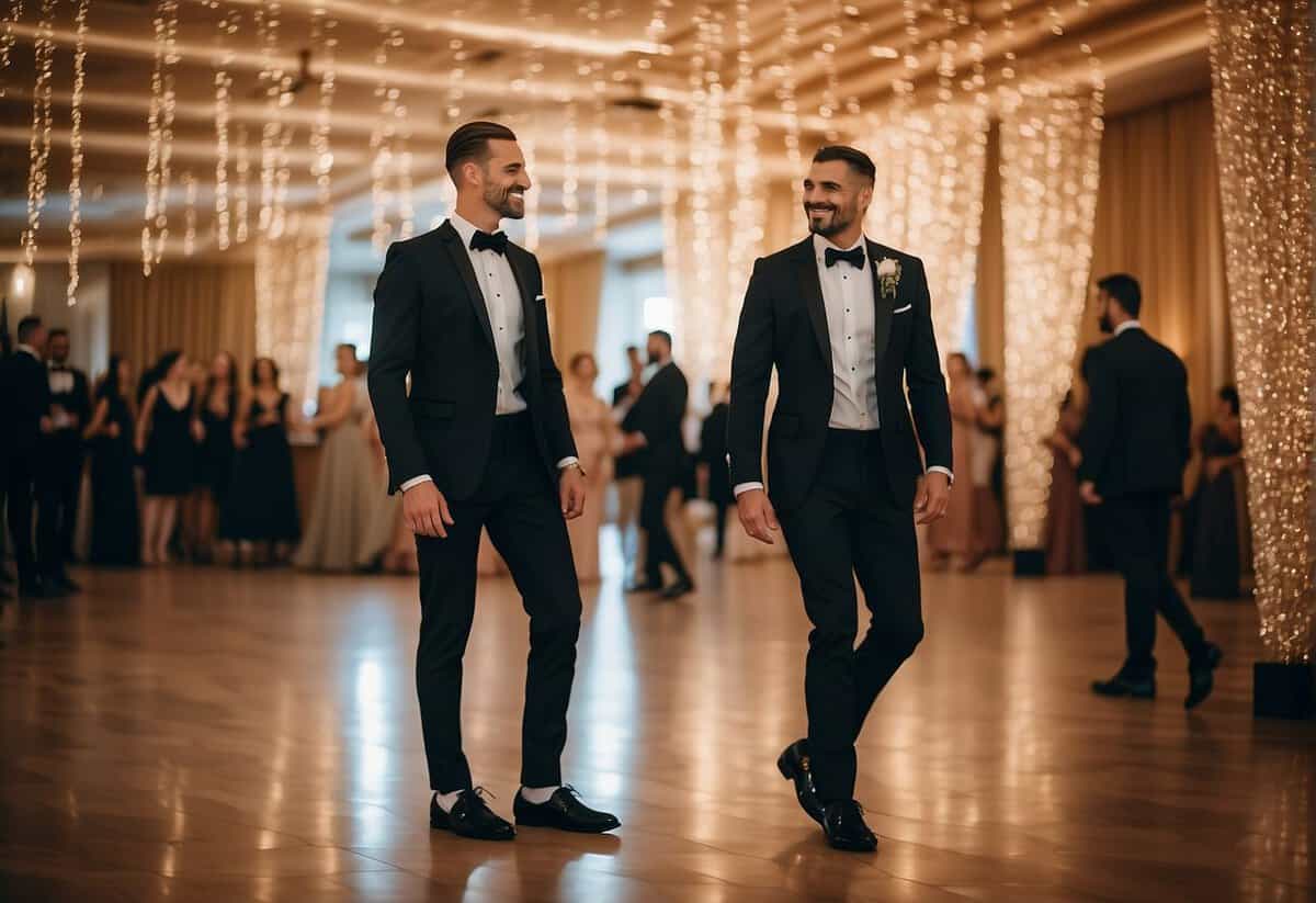 Guests in formal attire wearing elegant sneakers, mingling in a grand ballroom adorned with twinkling lights and lavish decorations