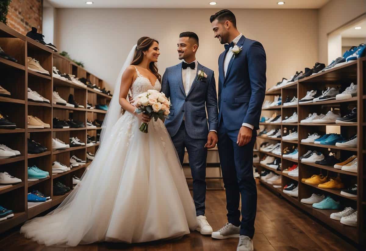 A bride and groom stand surrounded by various styles of sneakers, carefully selecting the perfect pair for their sneaker ball-themed wedding