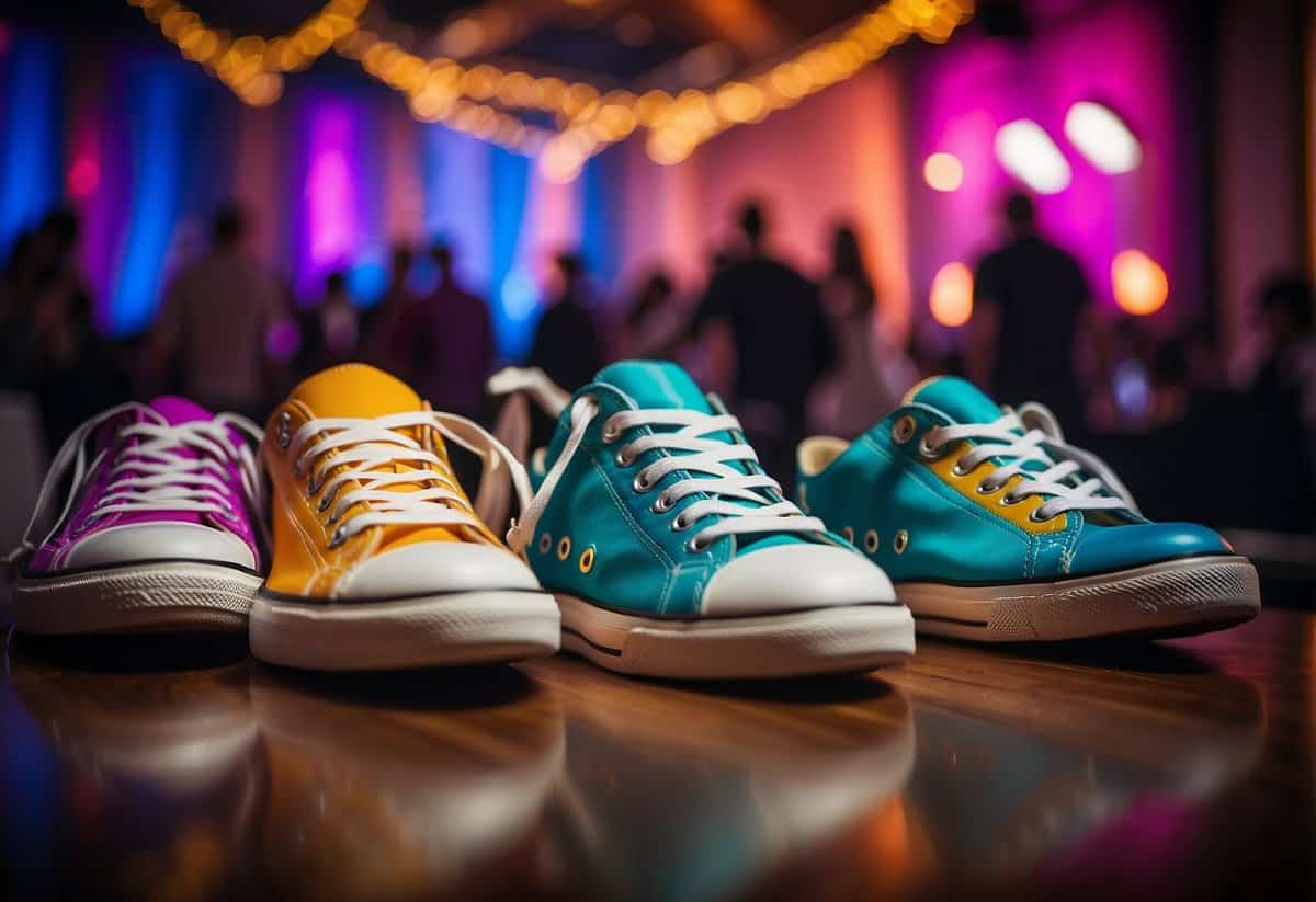 A colorful array of sneakers adorns the dance floor, creating a vibrant and playful atmosphere. The DJ booth pulses with energy as guests continue to celebrate the lively and unconventional wedding reception