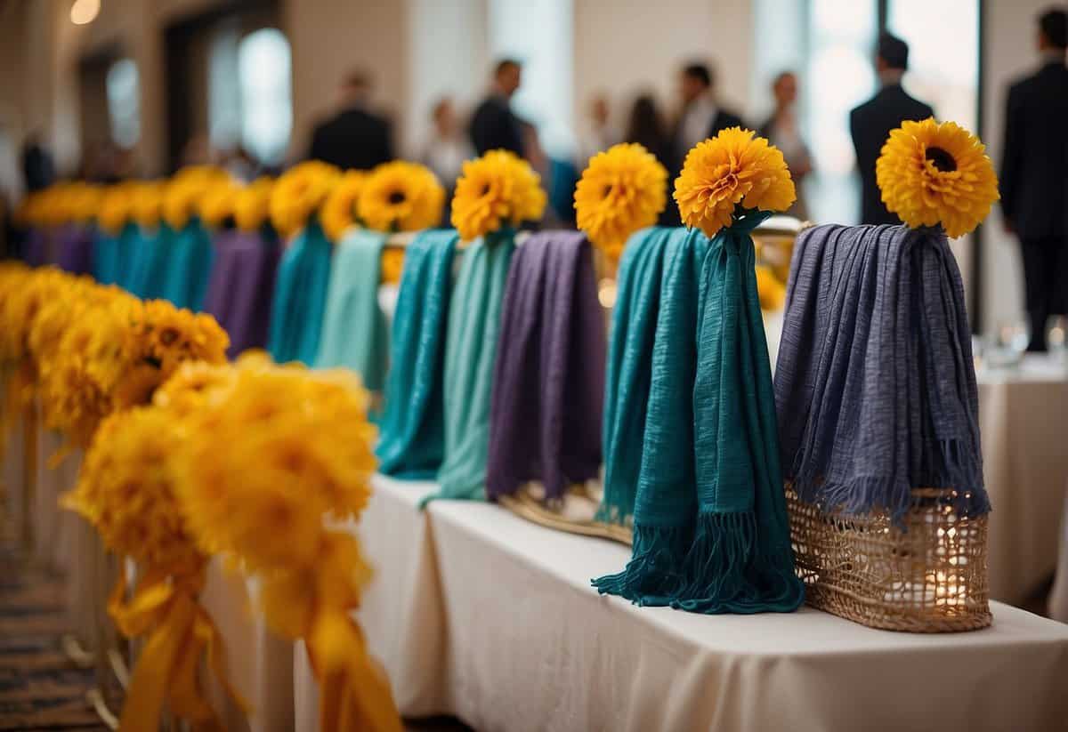Guests pick up shawls and wraps from a decorative stand, adding a pop of color and warmth to their wedding attire