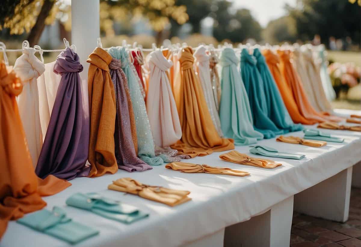 A table with various wedding guest cover up options, including shawls, wraps, and jackets. Bright colors and delicate fabrics add a touch of elegance