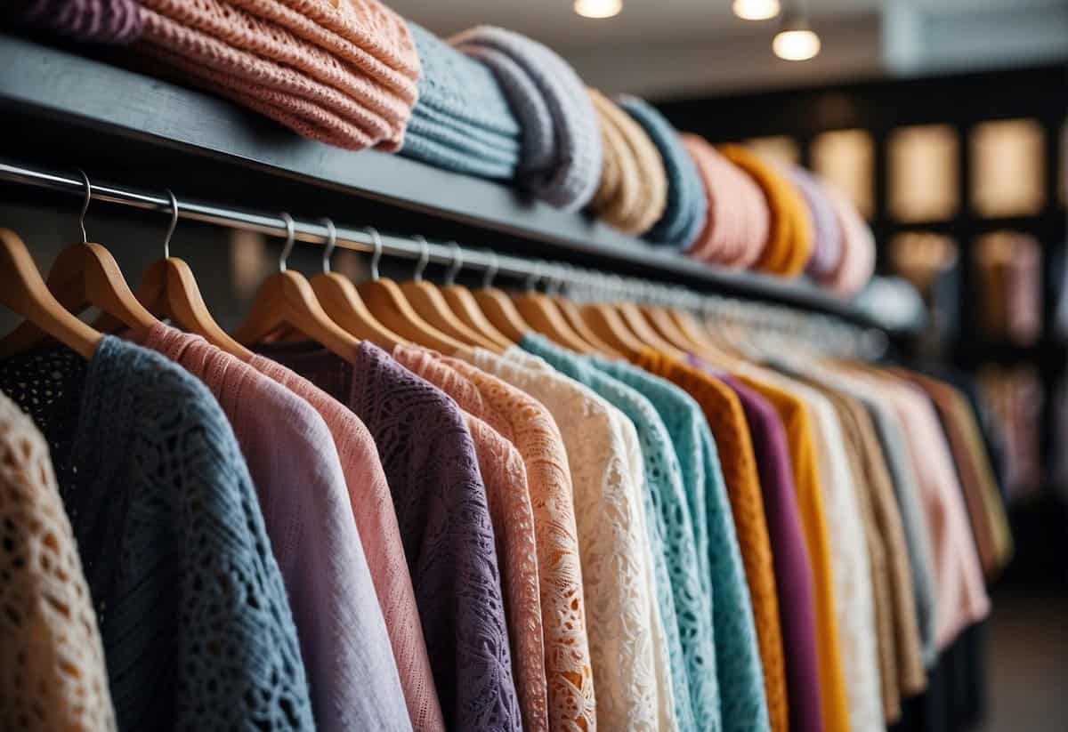 A colorful array of shawls, wraps, and cardigans displayed on a rack in a boutique. Bright and pastel colors catch the eye, with delicate lace and intricate patterns adding a touch of elegance