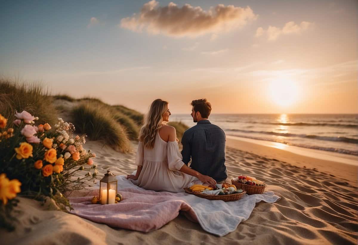 A couple stands on a sandy beach, framed by a colorful sunset and the ocean waves. A picnic blanket is spread out with a bottle of champagne and a bouquet of flowers