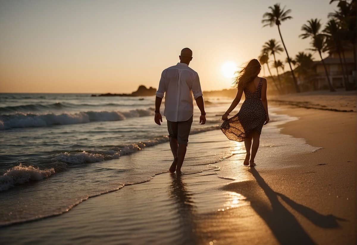 A couple walks along a sandy beach at sunset, waves gently lapping at their feet. Palm trees sway in the breeze as the sun dips below the horizon, casting a warm glow over the tranquil scene