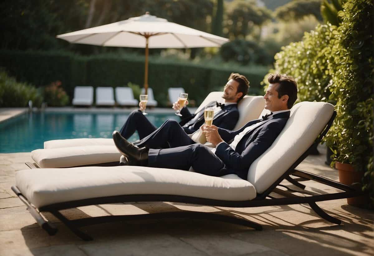 A couple lounges in a private pool surrounded by lush greenery, sipping champagne and enjoying the warm sun. A butler stands nearby, ready to cater to their every need