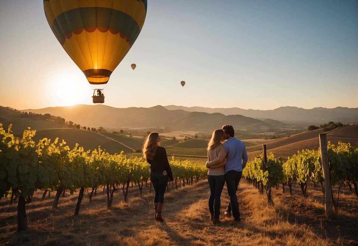 A couple enjoys a scenic hot air balloon ride over the Napa Valley vineyards, with a picturesque sunset in the background