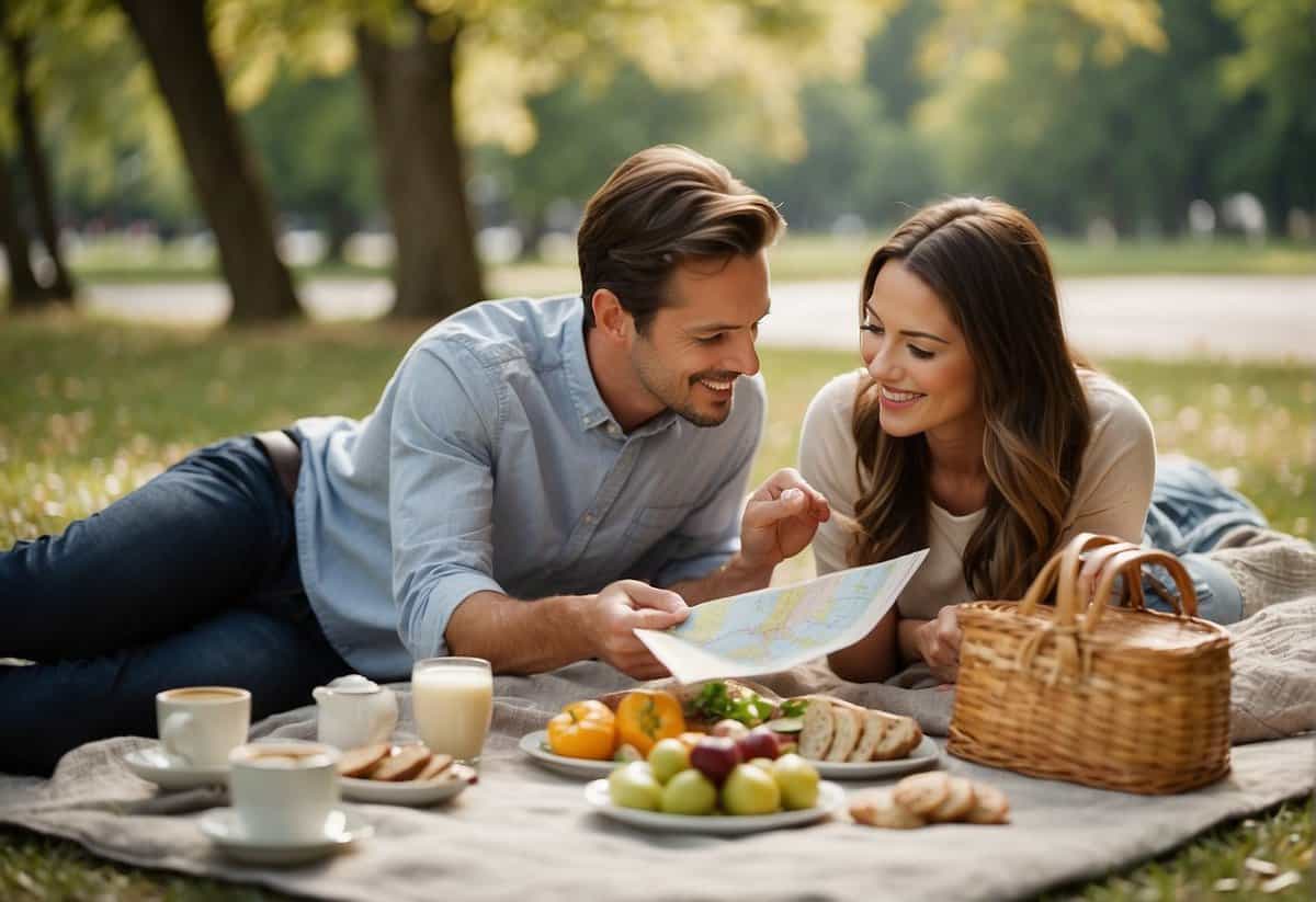 A couple picnicking in a scenic park, with a map and guidebook spread out, planning their budget-friendly wedding anniversary trip in the USA
