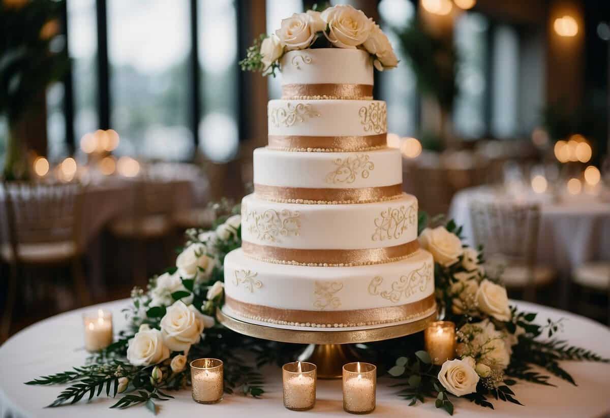 A tiered wedding cake with elegant calligraphy writing, surrounded by floral decorations and sparkling accents