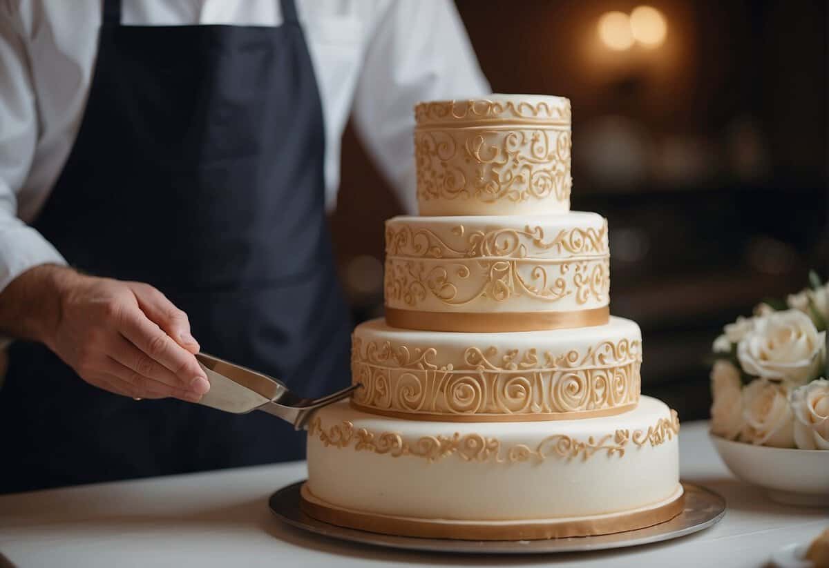 A baker carefully pipes intricate designs onto a multi-tiered wedding cake, using a variety of frosting tips to create elegant lettering and decorative patterns