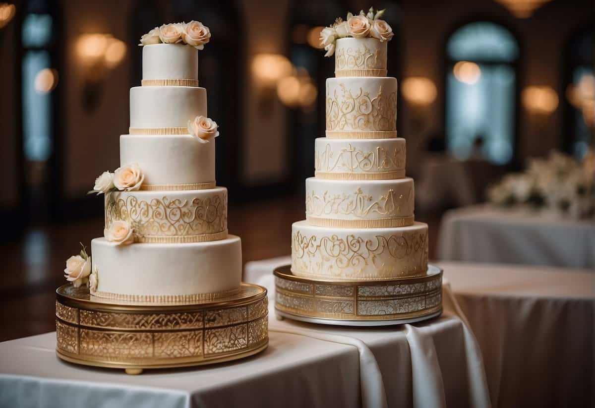 A multi-tiered wedding cake adorned with elegant calligraphy, delicate floral motifs, and modern geometric patterns, reflecting the latest design trends