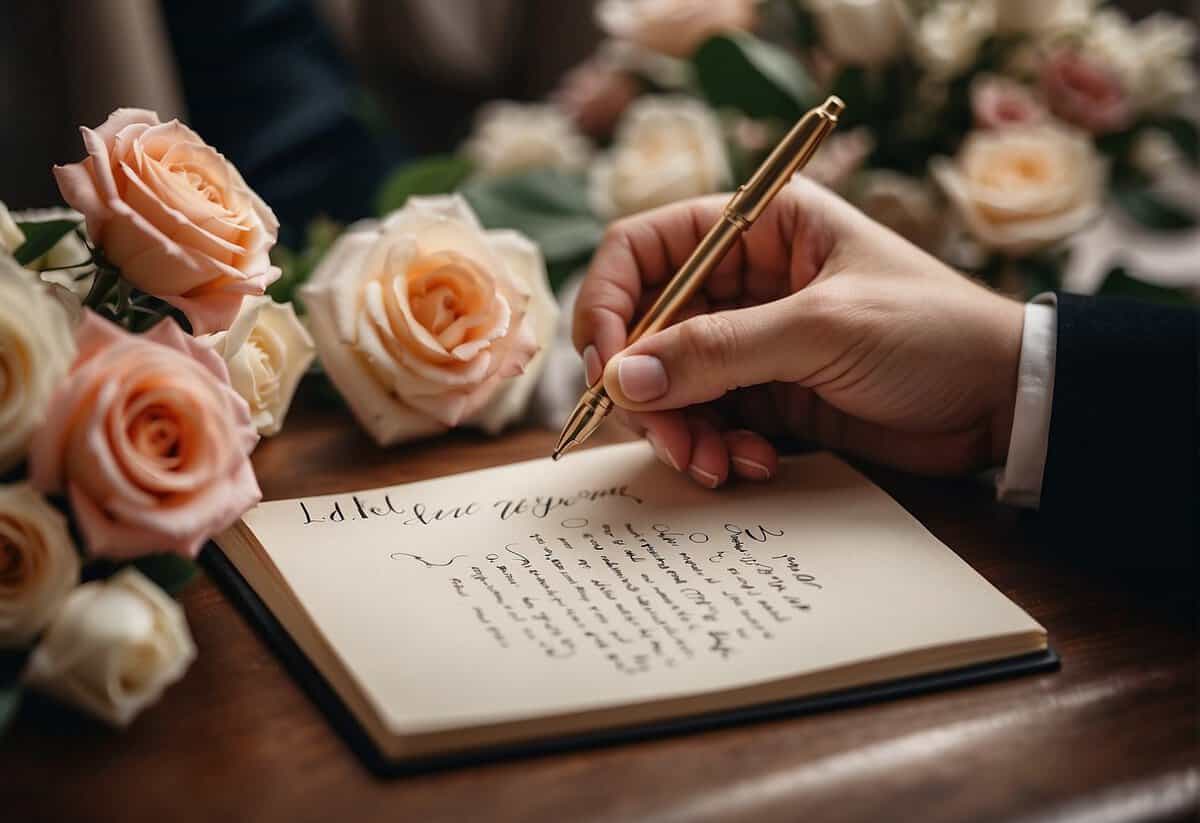 A hand reaching for a pen, surrounded by various wedding-themed items like rings, flowers, and a cake, with the words "Selecting the Perfect Message" written in elegant calligraphy
