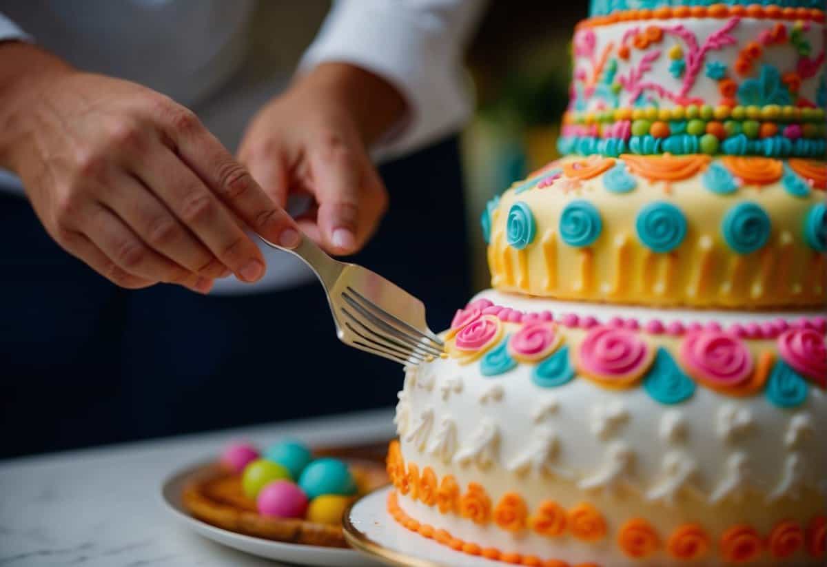 A baker carefully adds intricate designs to a multi-tiered wedding cake, using piping bags filled with colorful frosting to create elegant and personalized details