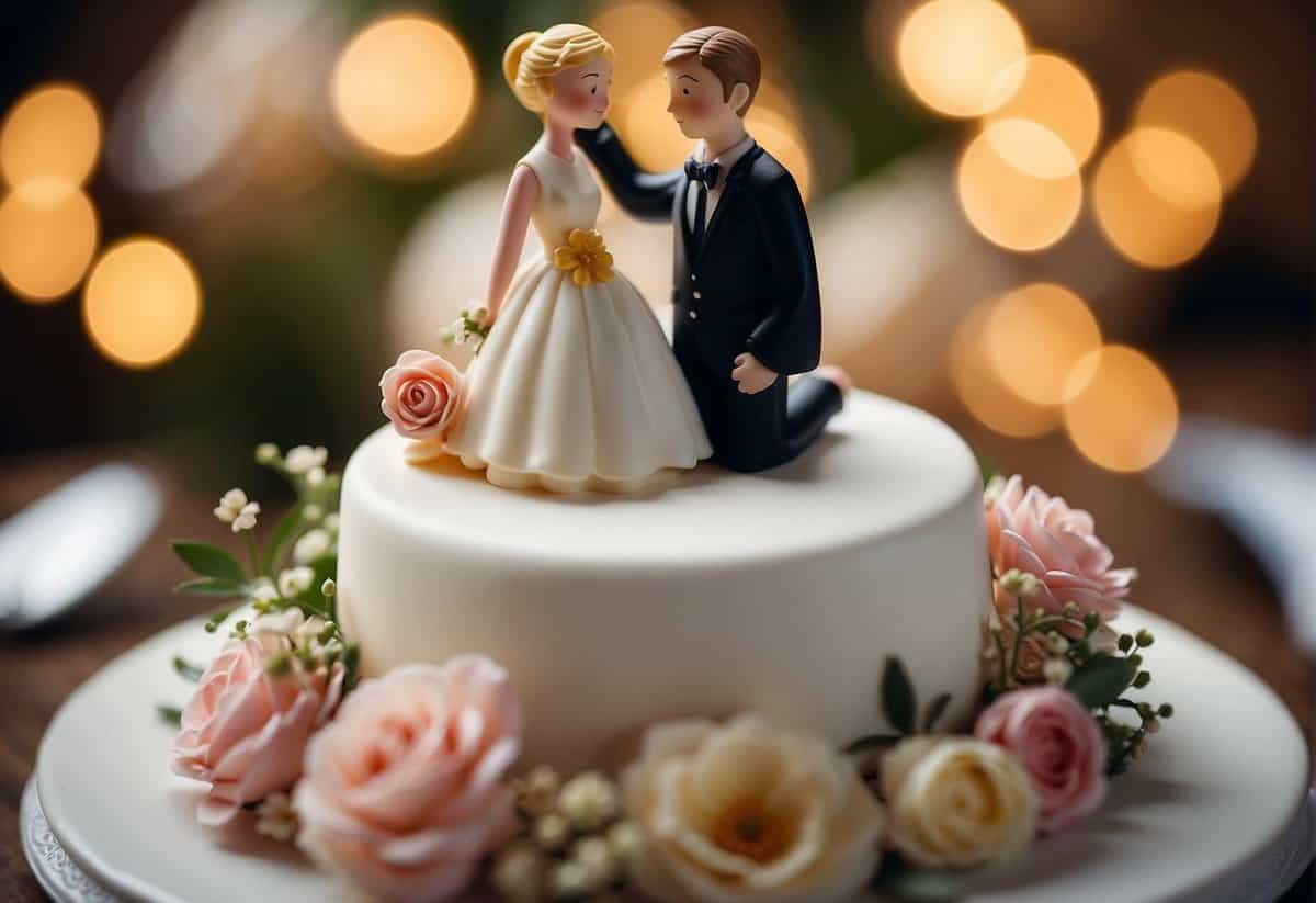 A wedding cake with "Practical Advice for Couples" written in elegant script, surrounded by delicate floral decorations and topped with a simple yet elegant figurine