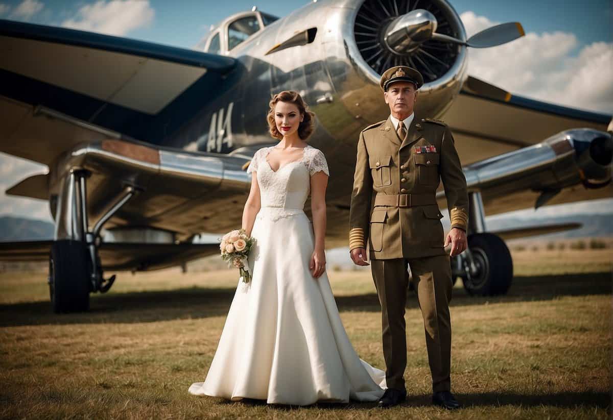 A bride and groom standing in front of a vintage airplane, with military uniforms and 1940s-style decor