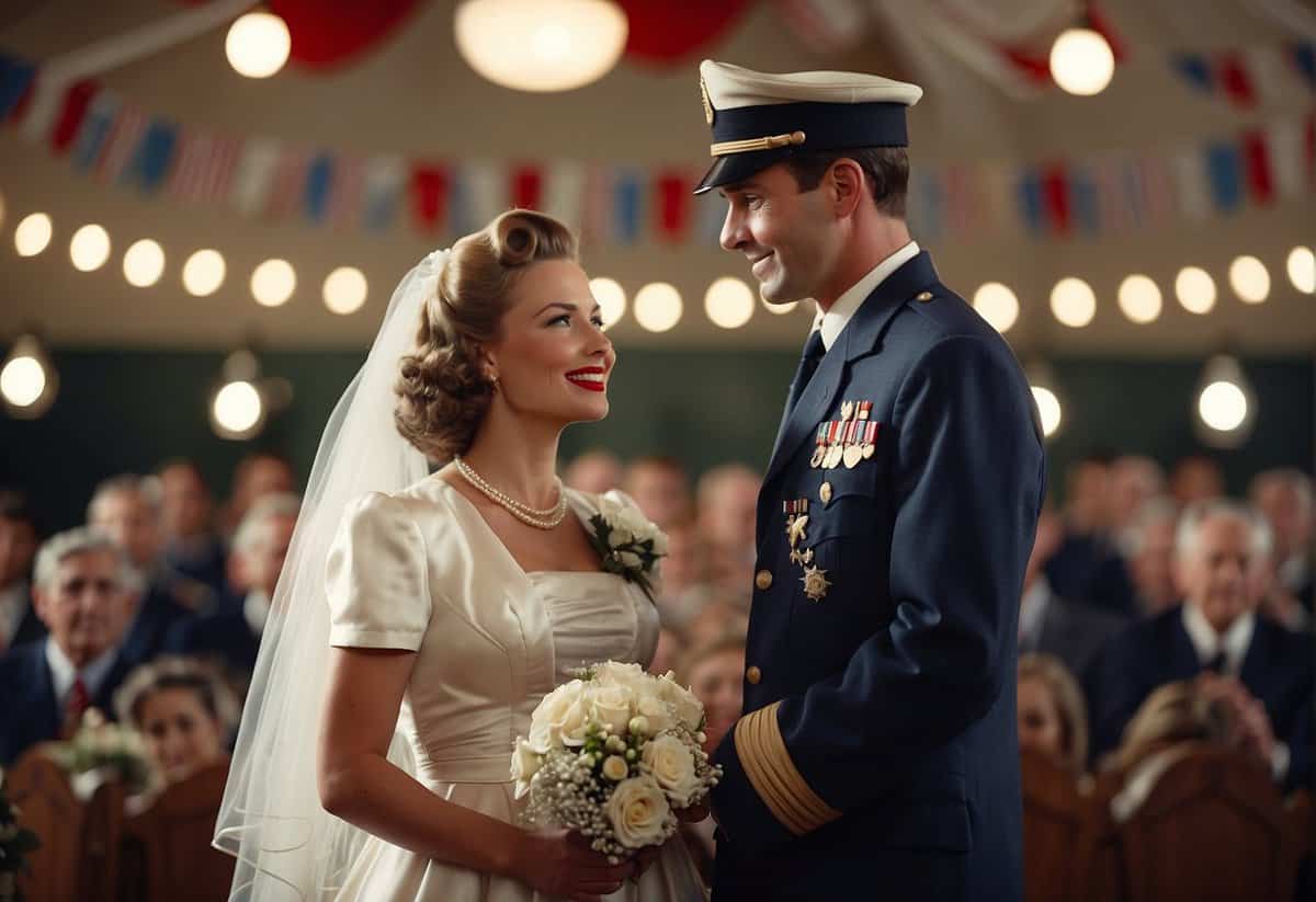 A couple exchanging vows in a 1940s-style wedding ceremony, surrounded by wartime memorabilia and patriotic decorations
