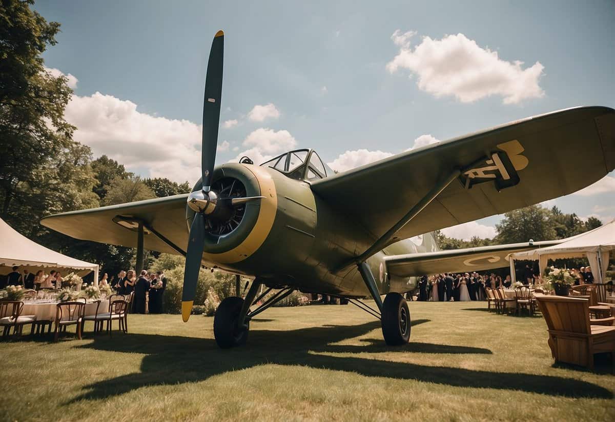 A vintage aircraft flies over a rustic outdoor wedding venue adorned with military-themed decorations and memorabilia from World War II
