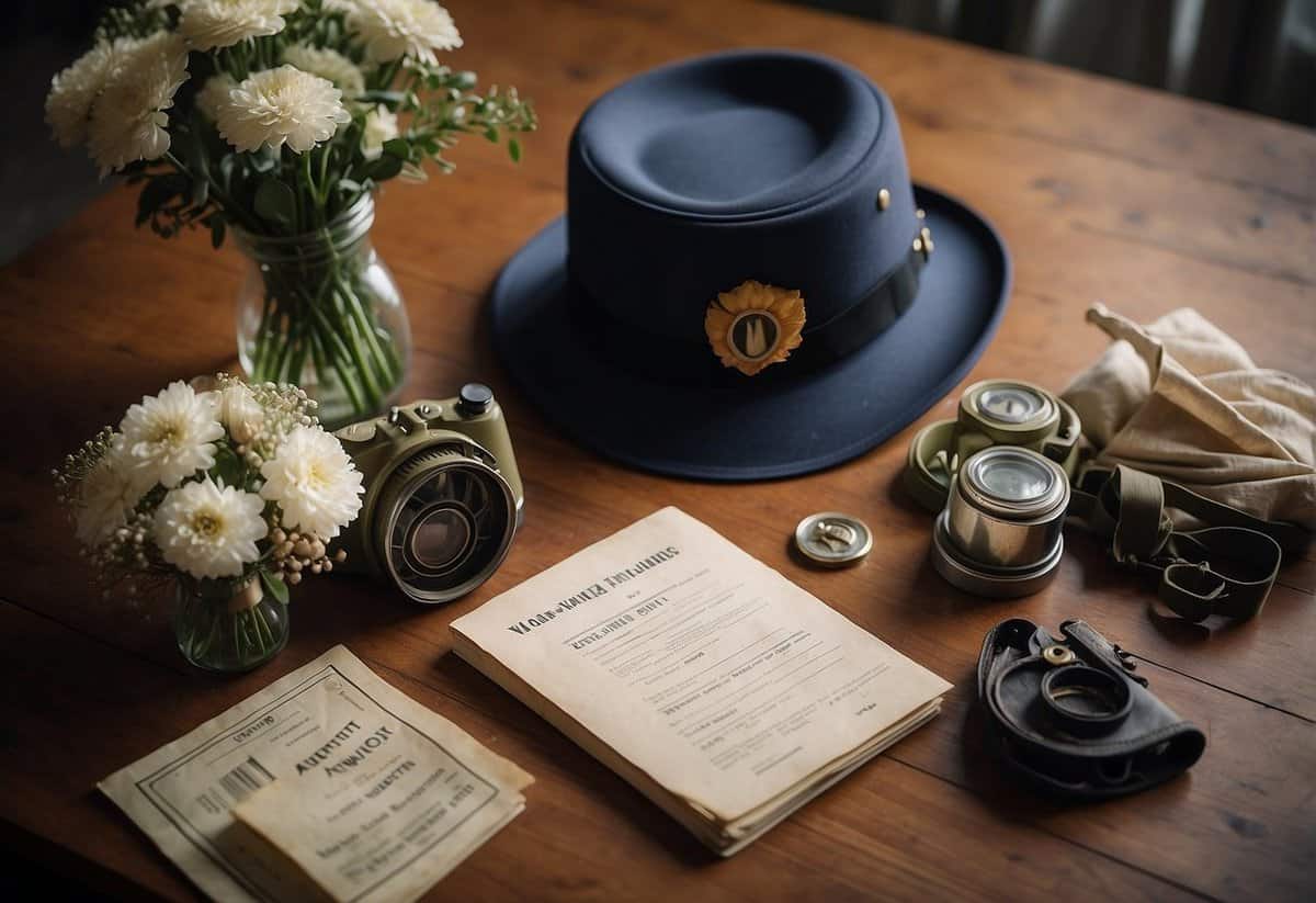 WW2 wedding essentials: vintage dress, military uniform, ration book, gas mask, victory garden bouquet