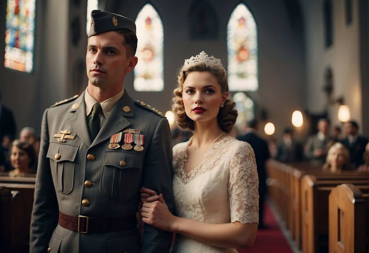 A vintage church adorned with wartime decorations, soldiers in uniform, and a bride in a 1940s-style dress