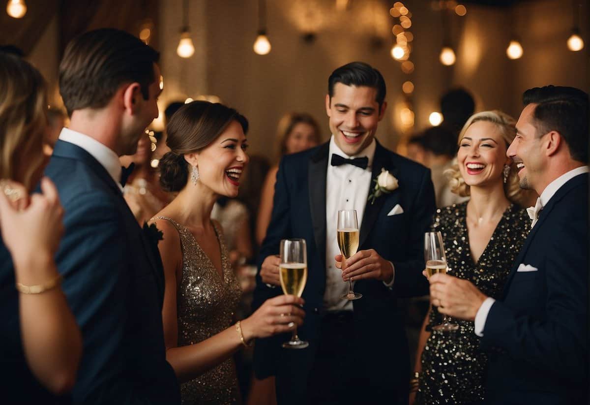 Guests toast with champagne, laughter fills the air, and a live band plays swing music at a post-WW2 wedding celebration