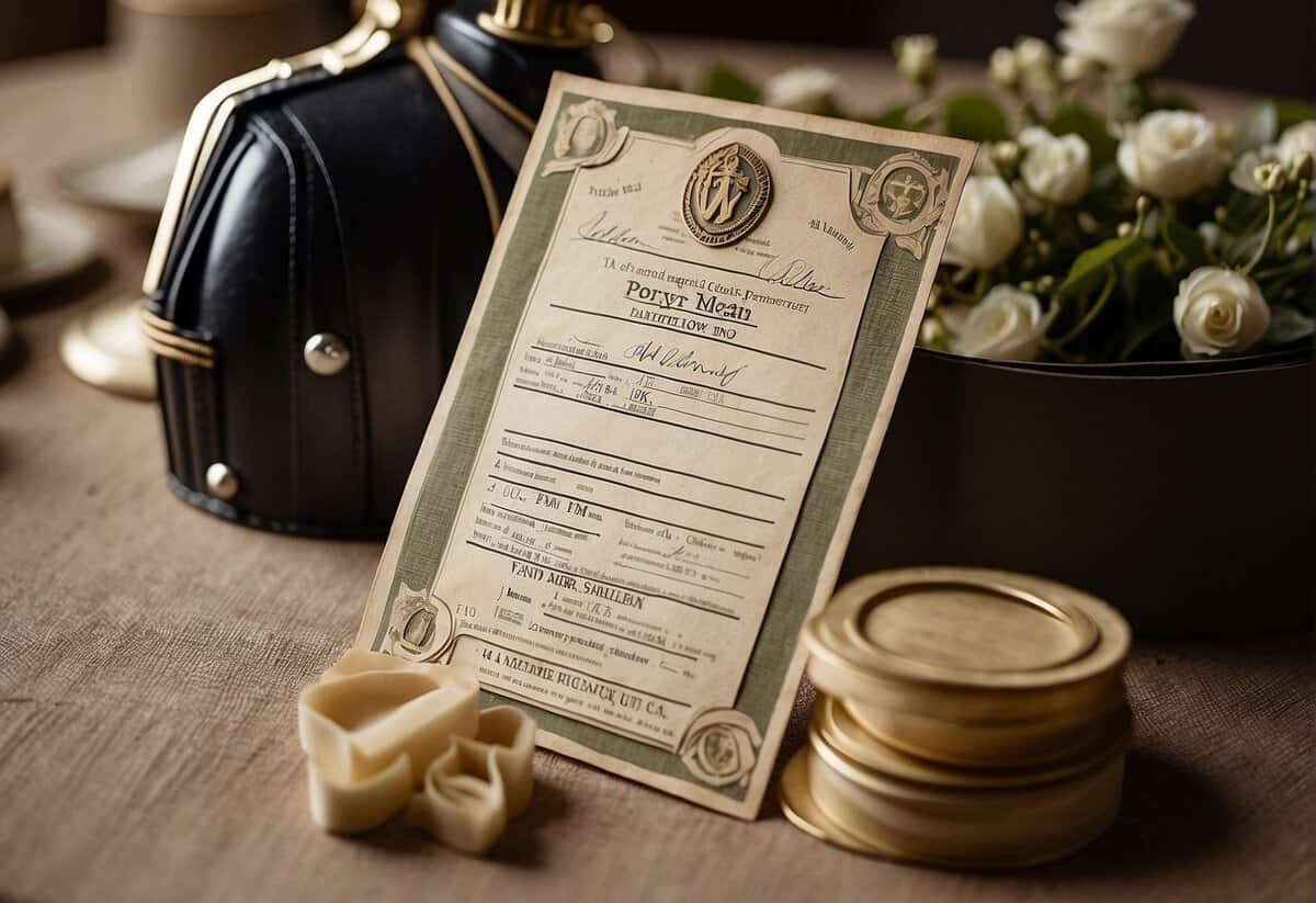 A vintage wedding scene with ww2 era decorations, ration book invitations, and a military uniform groom with a bride in a 1940s style dress