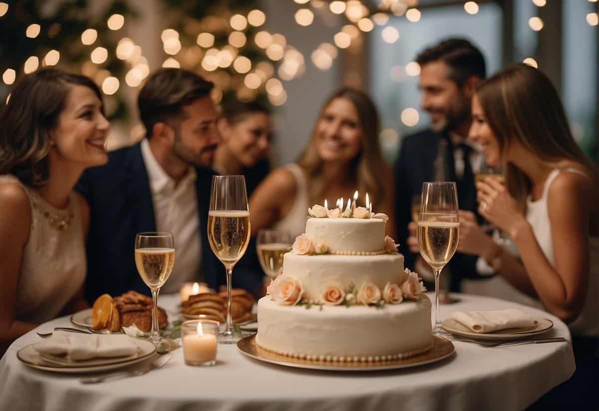 A festive gathering with elegant decor, champagne toasts, and a tiered anniversary cake surrounded by family and friends