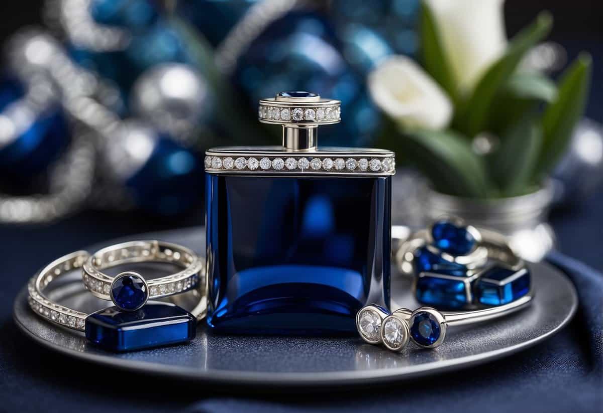 A table adorned with sapphire-themed gifts: a sparkling necklace, elegant cufflinks, and a stunning vase. Blue and silver decorations add to the ambiance