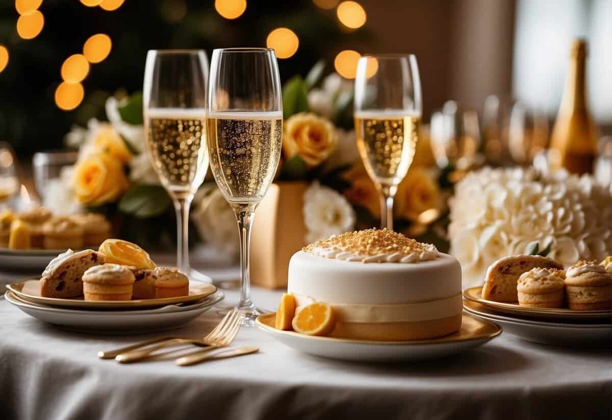 A festive table adorned with elegant centerpieces, sparkling champagne flutes, and a decadent cake surrounded by 45 golden anniversary party favors and decorations