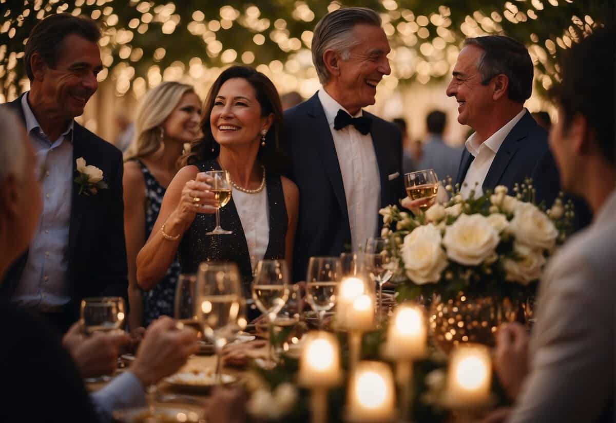 Guests mingle under twinkling lights, surrounded by floral centerpieces and elegant decor. Laughter fills the air as they toast to 45 years of love and commitment