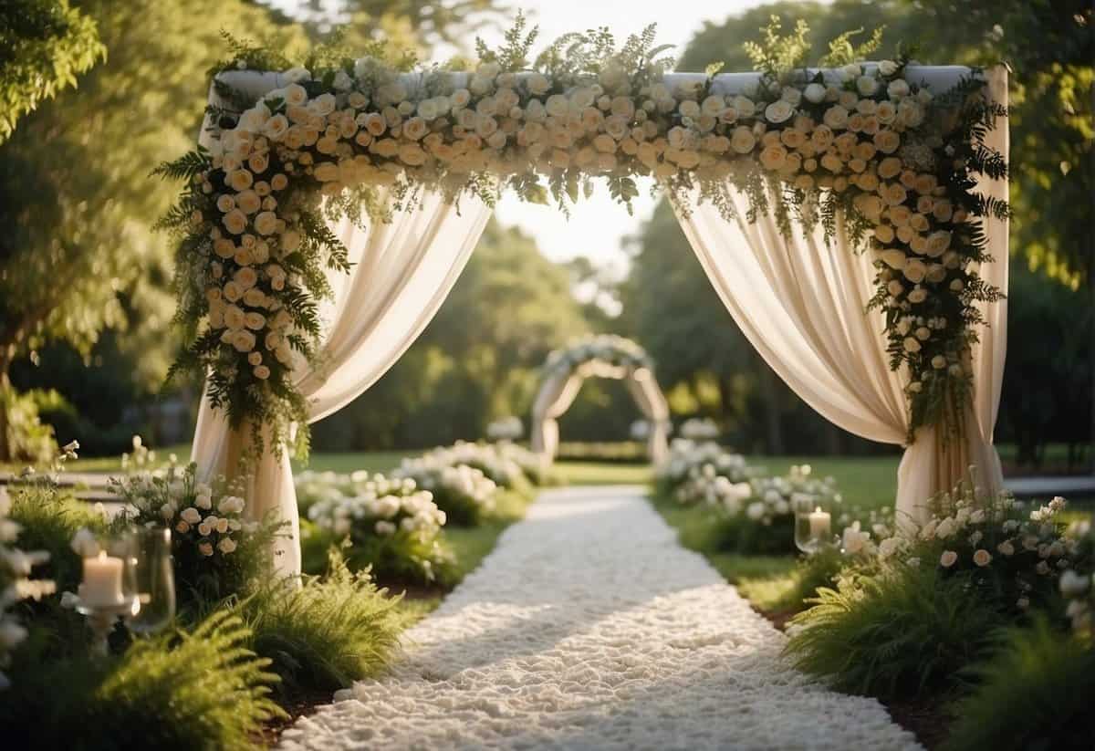 A beautiful wedding arch adorned with flowers and draped with flowing fabric, set against a backdrop of lush greenery and twinkling lights