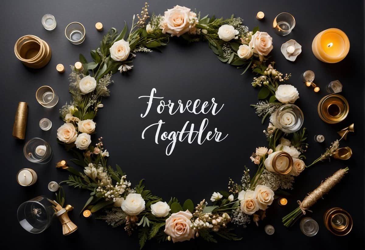 A group of wedding-themed objects arranged in a circle, with names like "Forever Together" and "Happily Ever After" written on a chalkboard