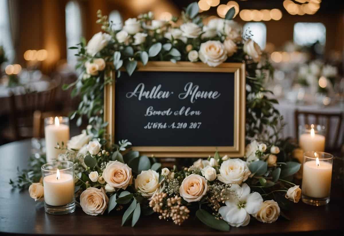 A wedding group name ideas board surrounded by floral arrangements and wedding decor