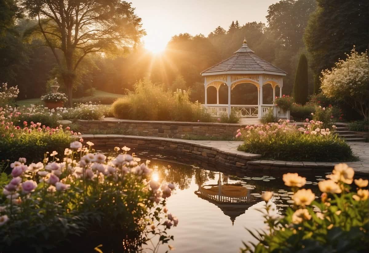 Sunrise over a garden with blooming flowers, a serene pond, and a gazebo adorned with ribbons and flowers. Tables set for a reception, with delicate place settings and elegant centerpieces