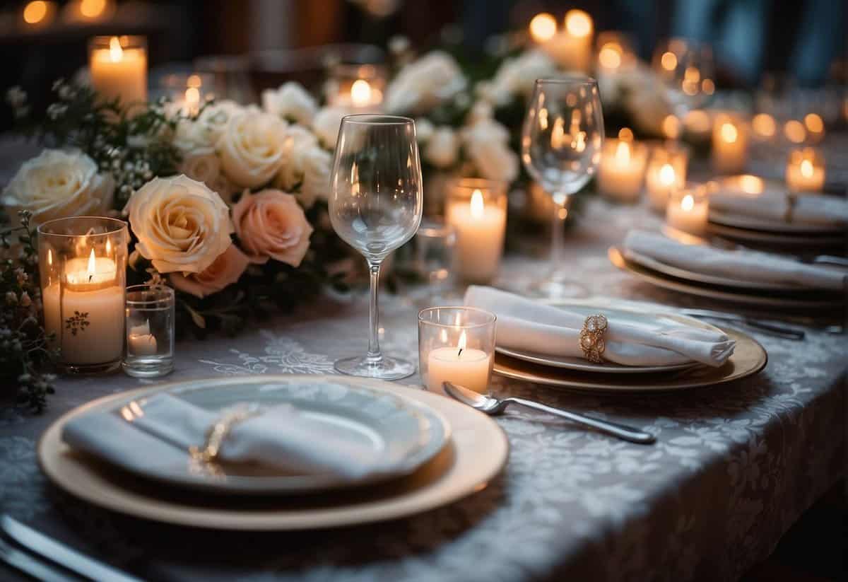 A table set with elegant place settings, adorned with fresh flowers and flickering candles. A delicate lace runner drapes across the table, creating a soft, romantic atmosphere