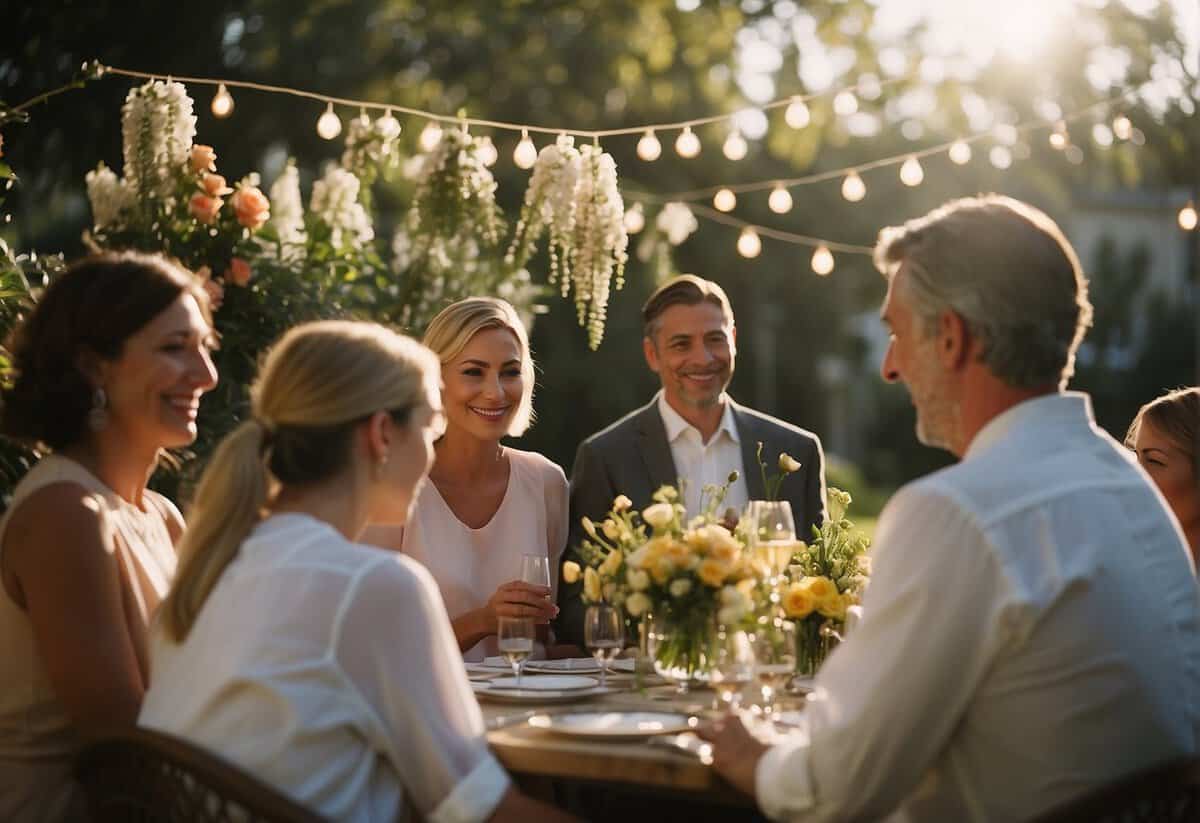 Guests mingle in a sunlit garden, sipping champagne and admiring floral arrangements. A string quartet plays softly in the background as laughter and conversation fill the air