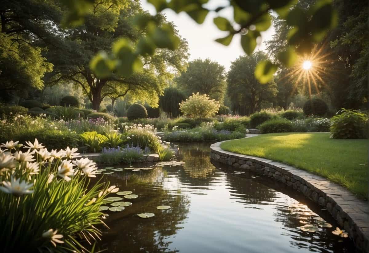 A serene garden with a peaceful pond, surrounded by blooming flowers and lush greenery. A gentle breeze rustles the leaves as sunlight filters through the trees, creating a tranquil and calming atmosphere