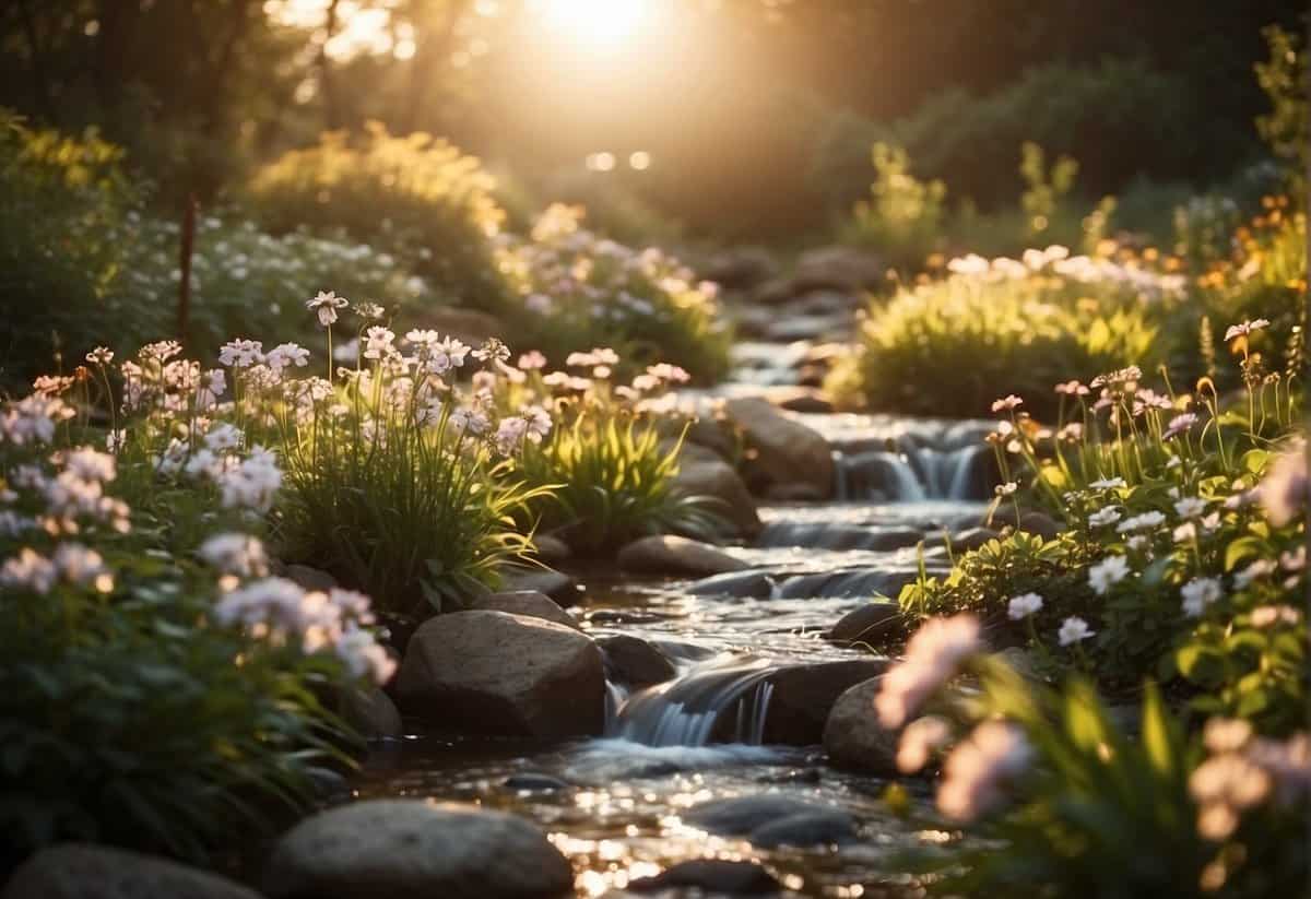 A serene garden with blooming flowers, a softly flowing stream, and a glowing sunrise casting a warm, golden light over the scene