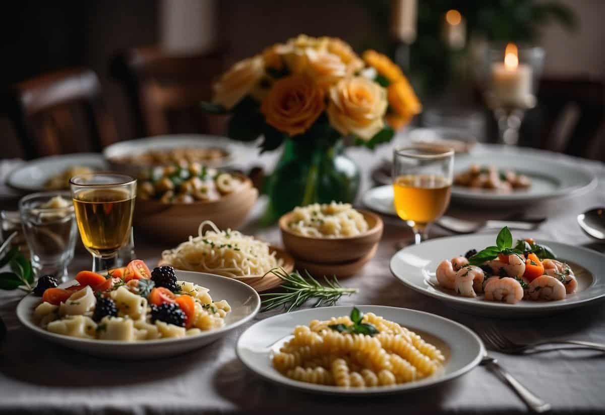 A table set with Italian wedding menu: antipasti, pasta, risotto, seafood, and traditional desserts. Wine glasses and floral centerpieces