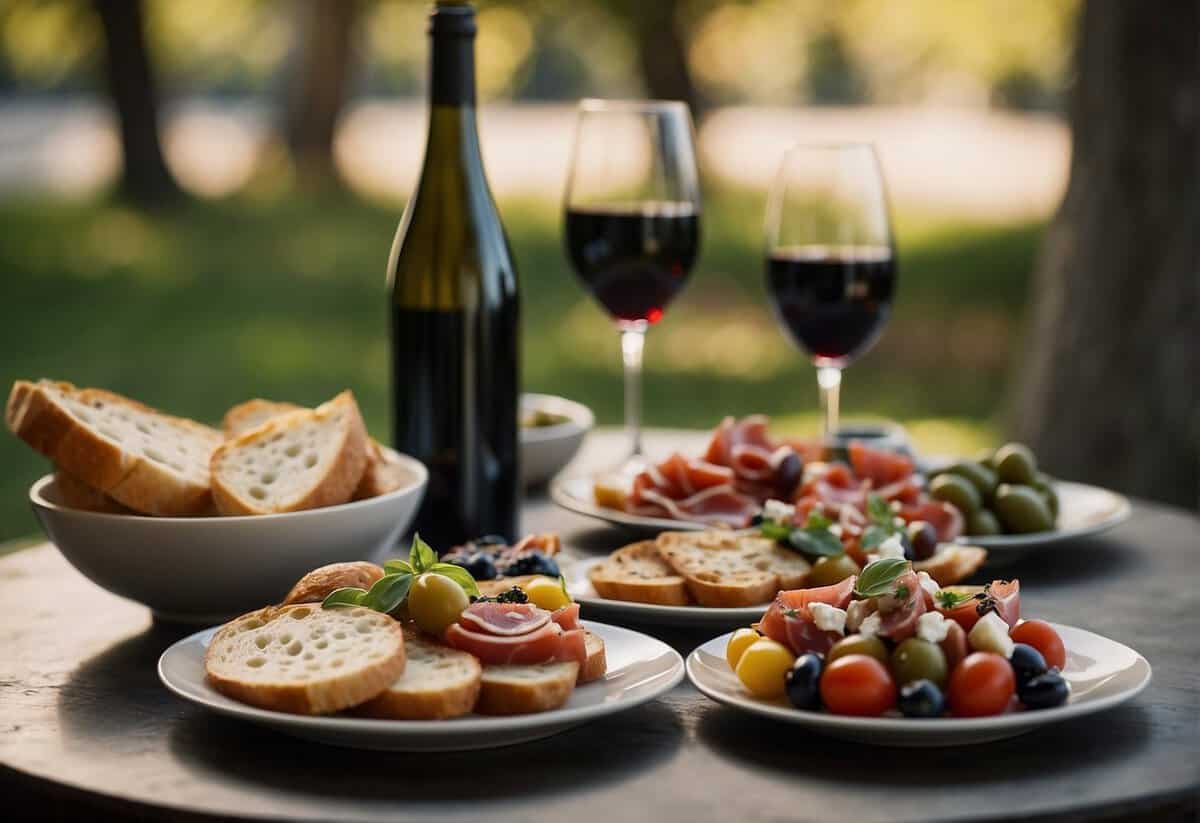 A table set with an assortment of Italian appetizers, including bruschetta, olives, cheese, and cured meats. A bottle of wine and glasses complete the scene