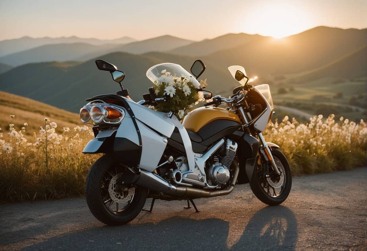 A pair of motorcycles parked side by side, adorned with white ribbons and flowers, set against a scenic backdrop of rolling hills and a setting sun